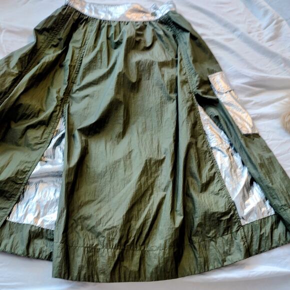 GANNI Nylon Olive & Silver Metallic Full Maxi Skirt Size EU 34 Logo Snap Closure - Picture 3 of 6